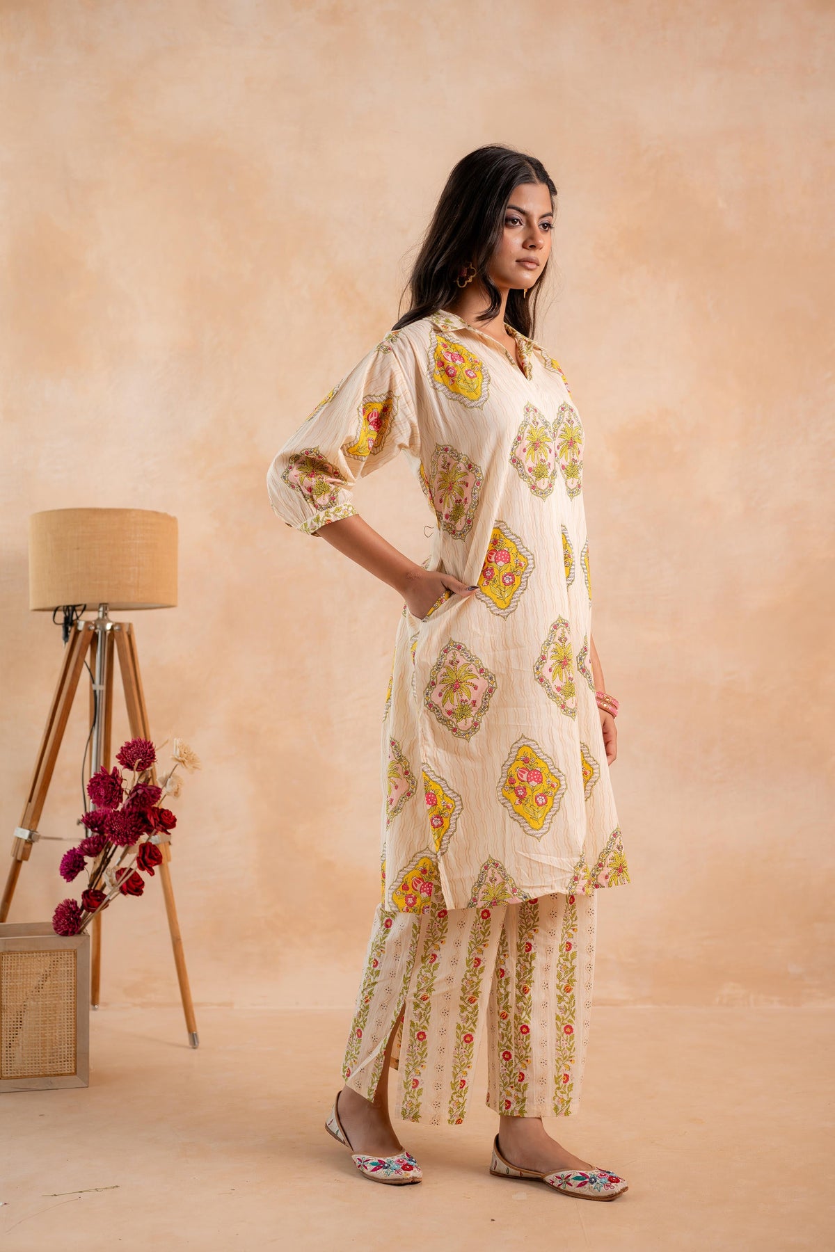 Beige Heritage Print Kurta And Pant Set