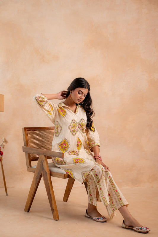 Beige Heritage Print Kurta And Pant Set