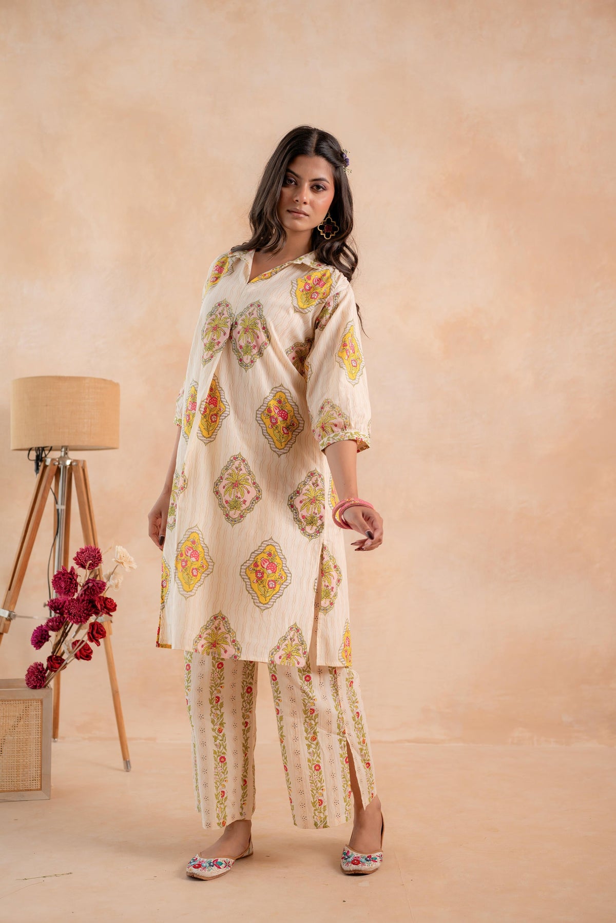 Beige Heritage Print Kurta And Pant Set