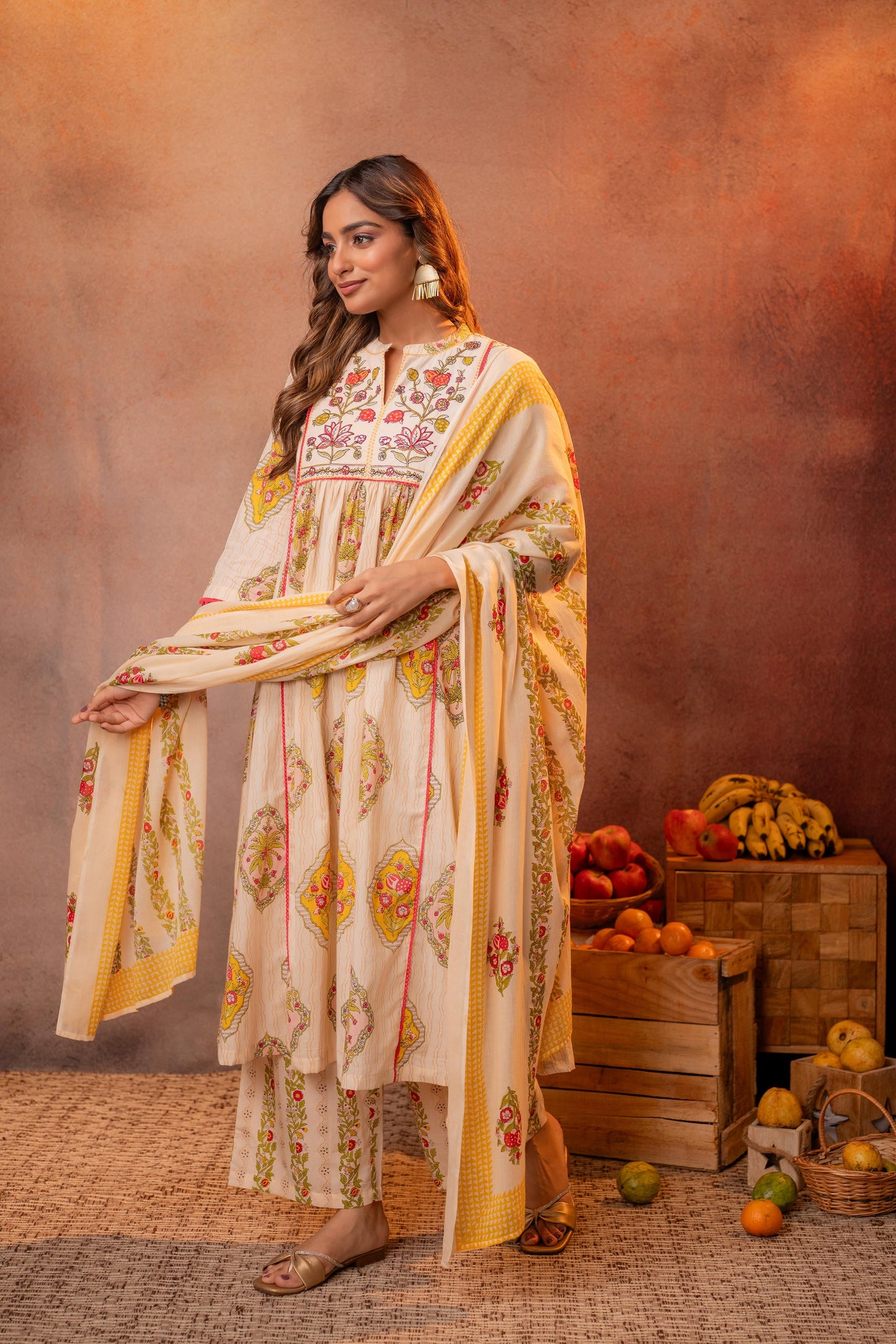 Graceful Beige Floral Anarkali Kurta Set with Dupatta