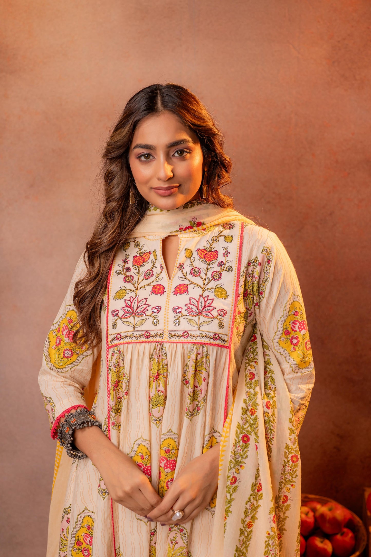 Graceful Beige Floral Anarkali Kurta Set with Dupatta