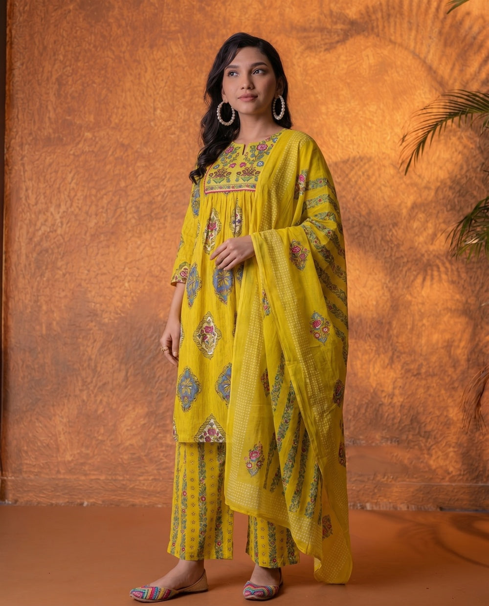 Graceful Mustard Floral Anarkali Kurta Set with Dupatta