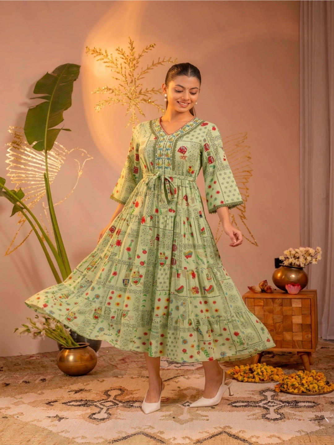 Mint Green Floral Folk Printed Tiered Maxi Dress