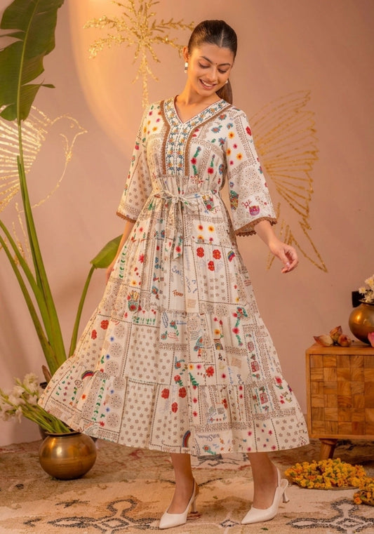 Off-White Floral Folk Printed Tiered Maxi Dress