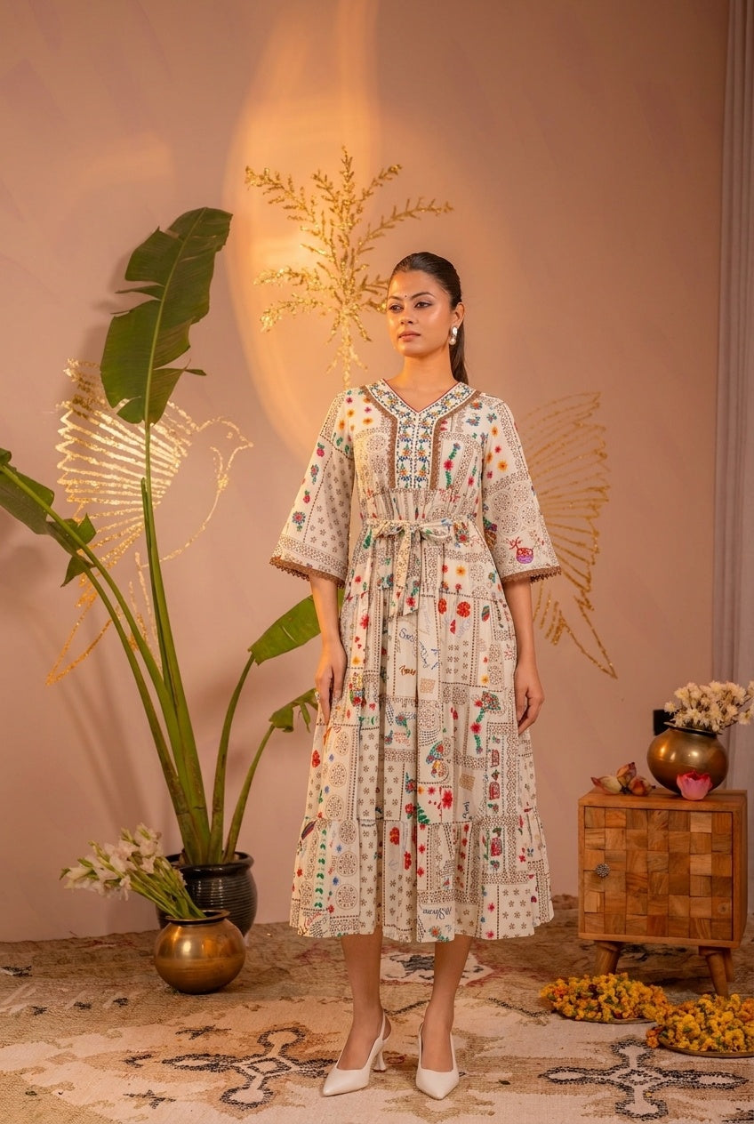 Off-White Floral Folk Printed Tiered Maxi Dress