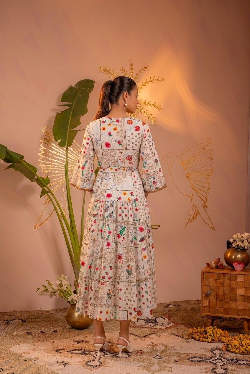 Off-White Floral Folk Printed Tiered Maxi Dress