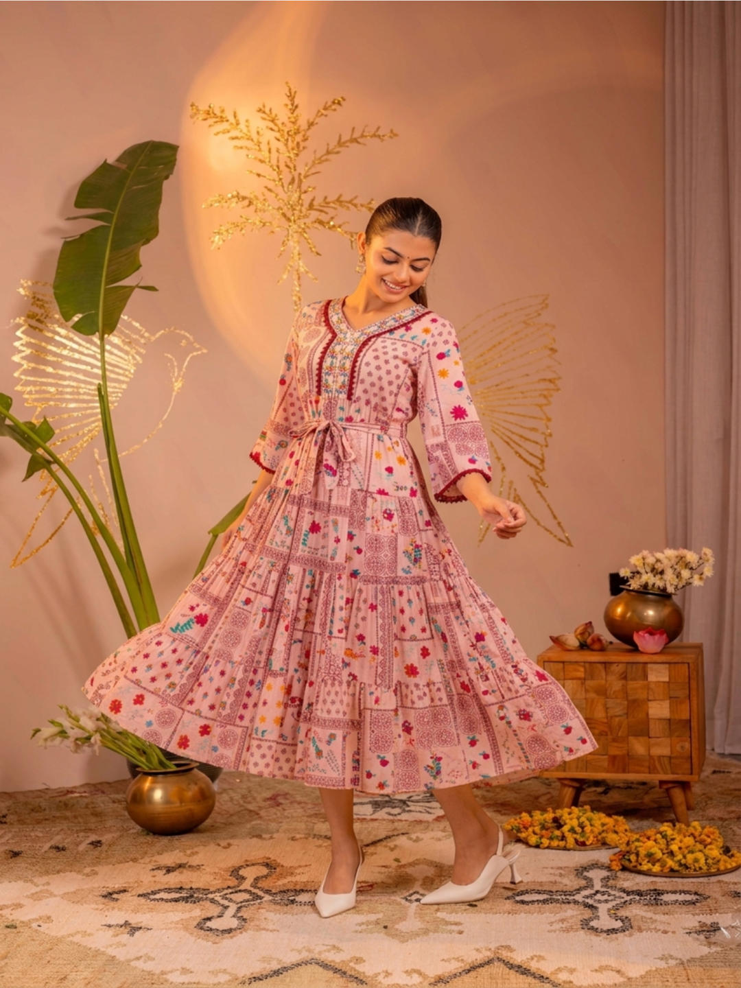 Onion Pink Floral Folk Printed Tiered Maxi Dress