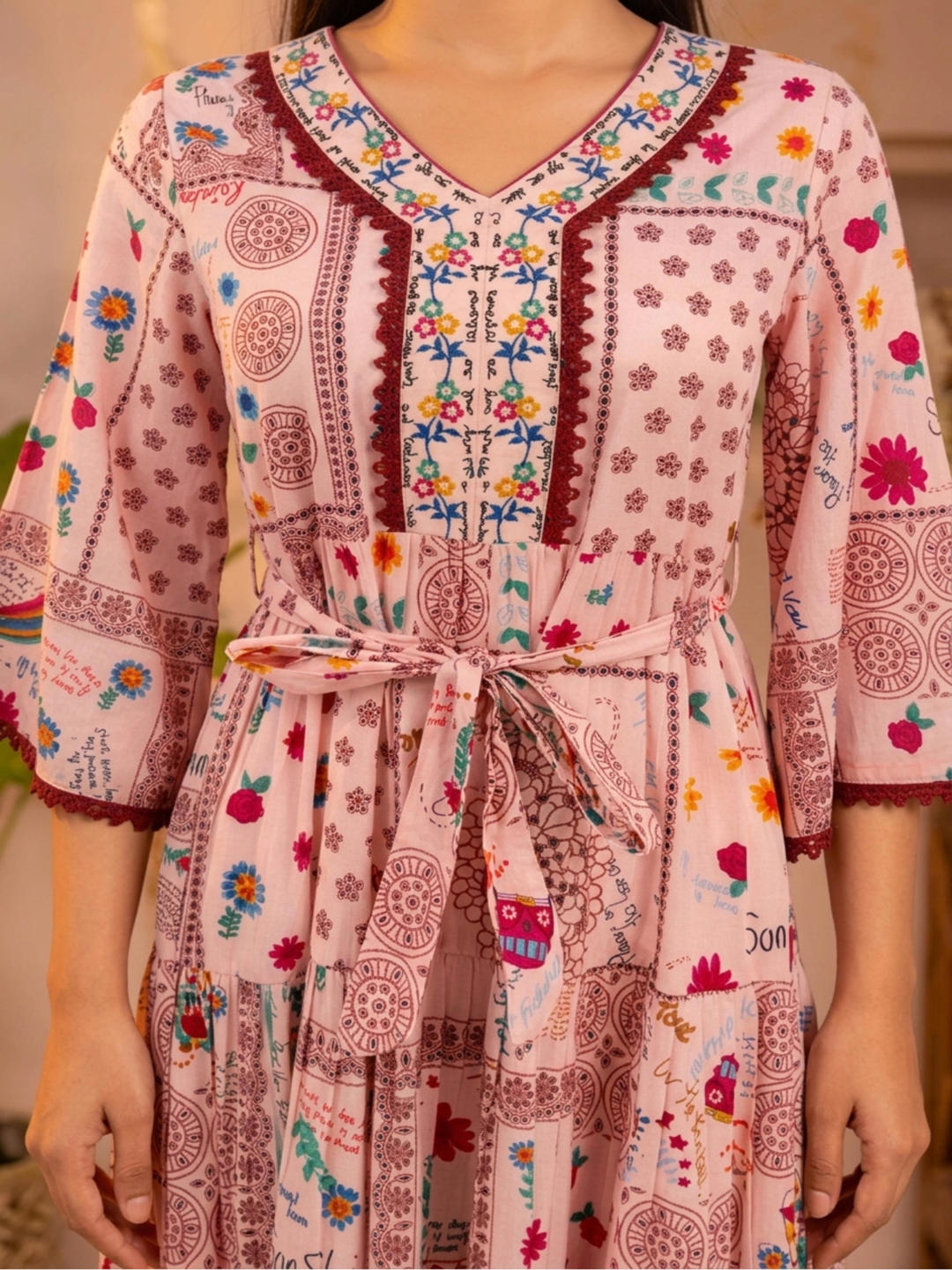 Onion Pink Floral Folk Printed Tiered Maxi Dress