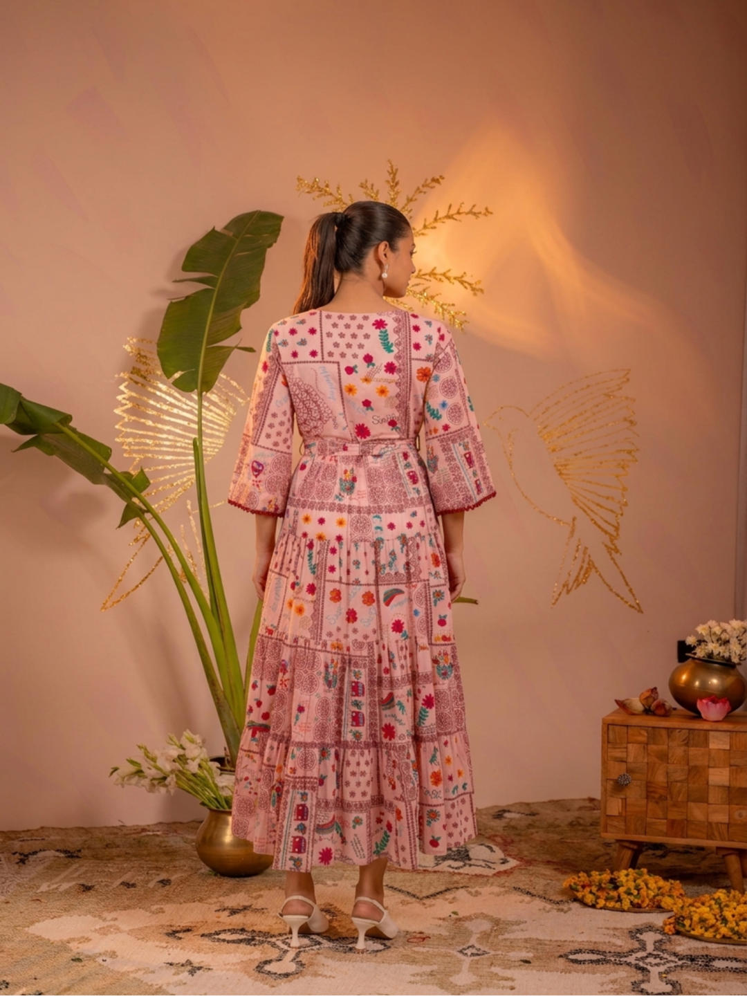 Onion Pink Floral Folk Printed Tiered Maxi Dress