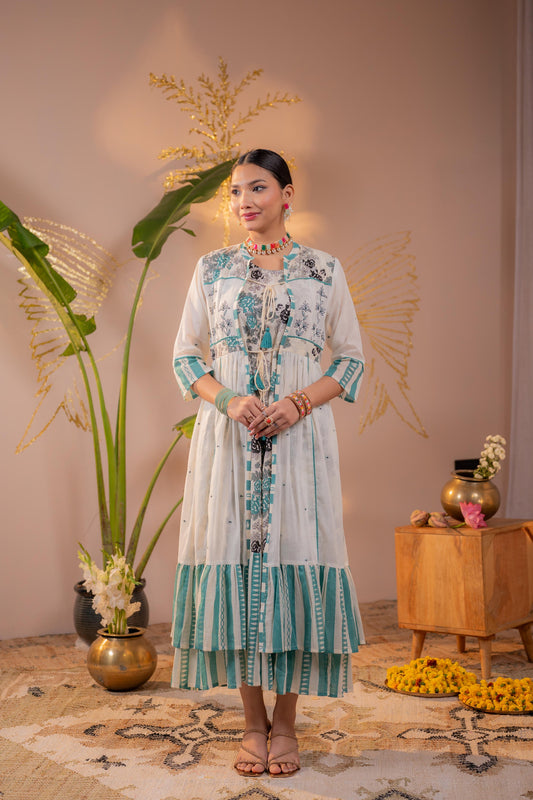 Teal Off-White Layered Jacket Dress