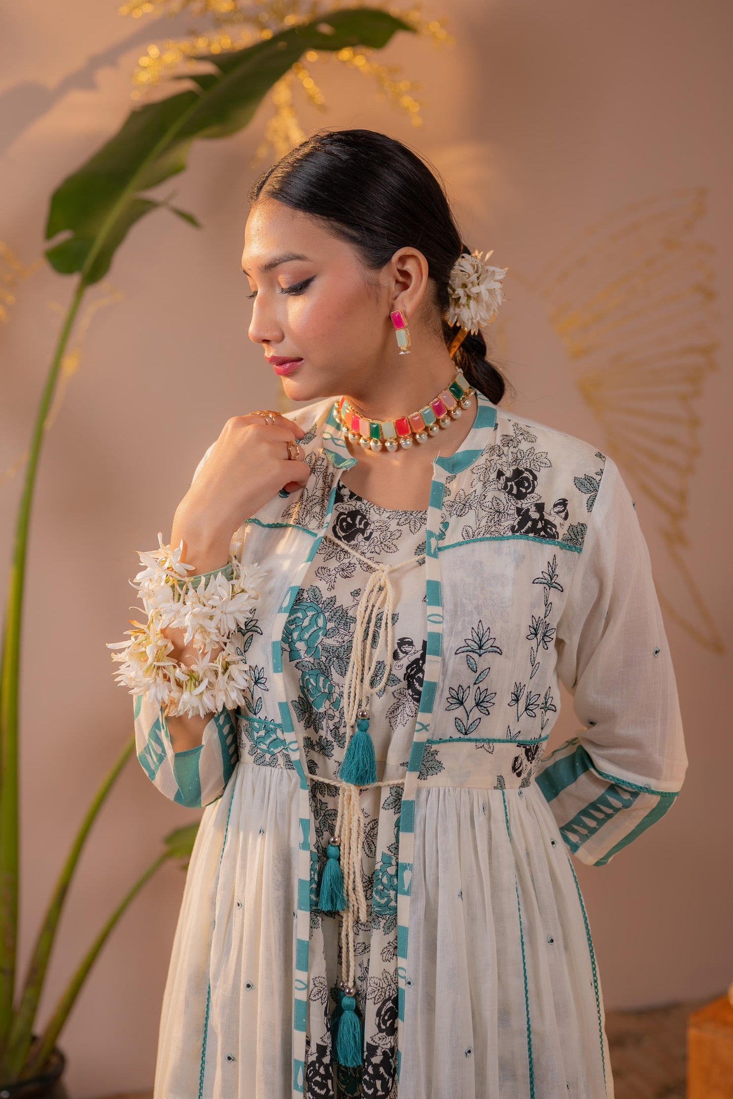 Teal Off-White Layered Jacket Dress