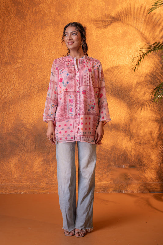 Onion Pink Patchwork Printed Boho Shirt