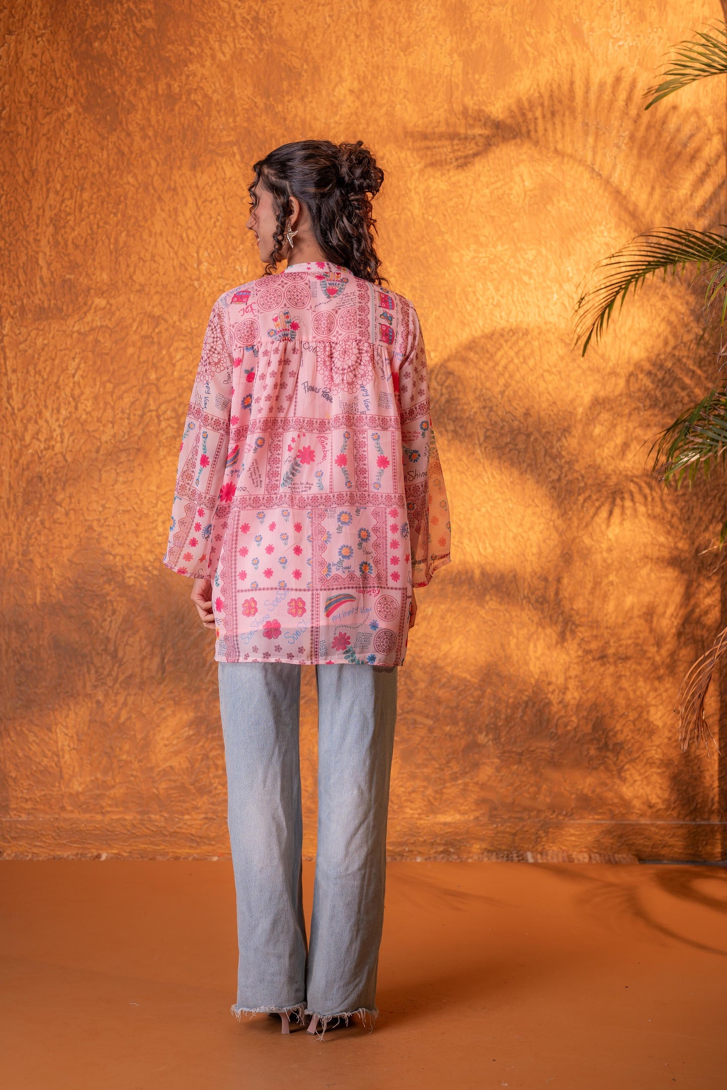 Onion Pink Patchwork Printed Boho Shirt