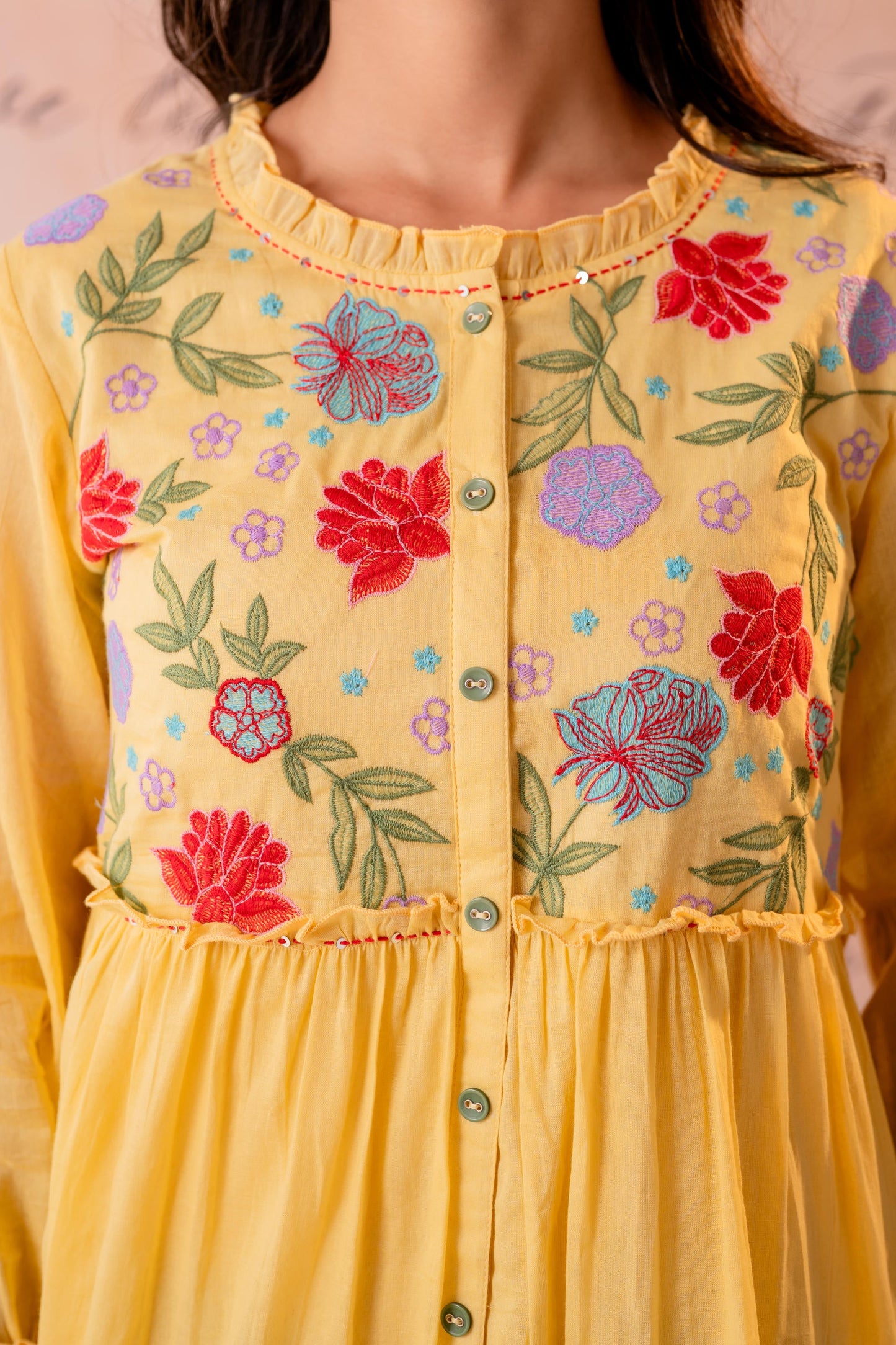 Phool Baari Yellow Embroidered Yoke Kurta