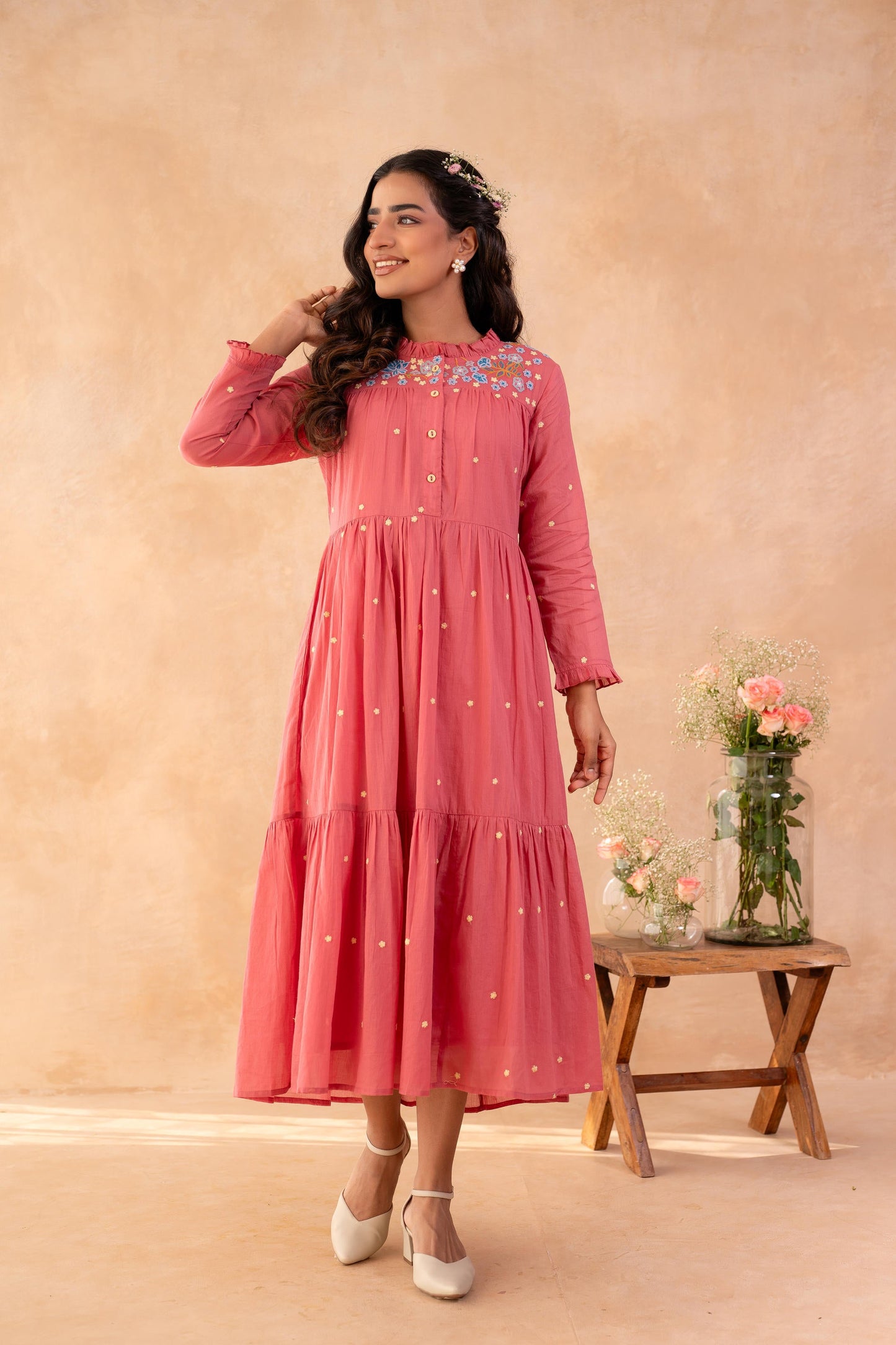 Onion Pink Noor Tiered Festive Dress