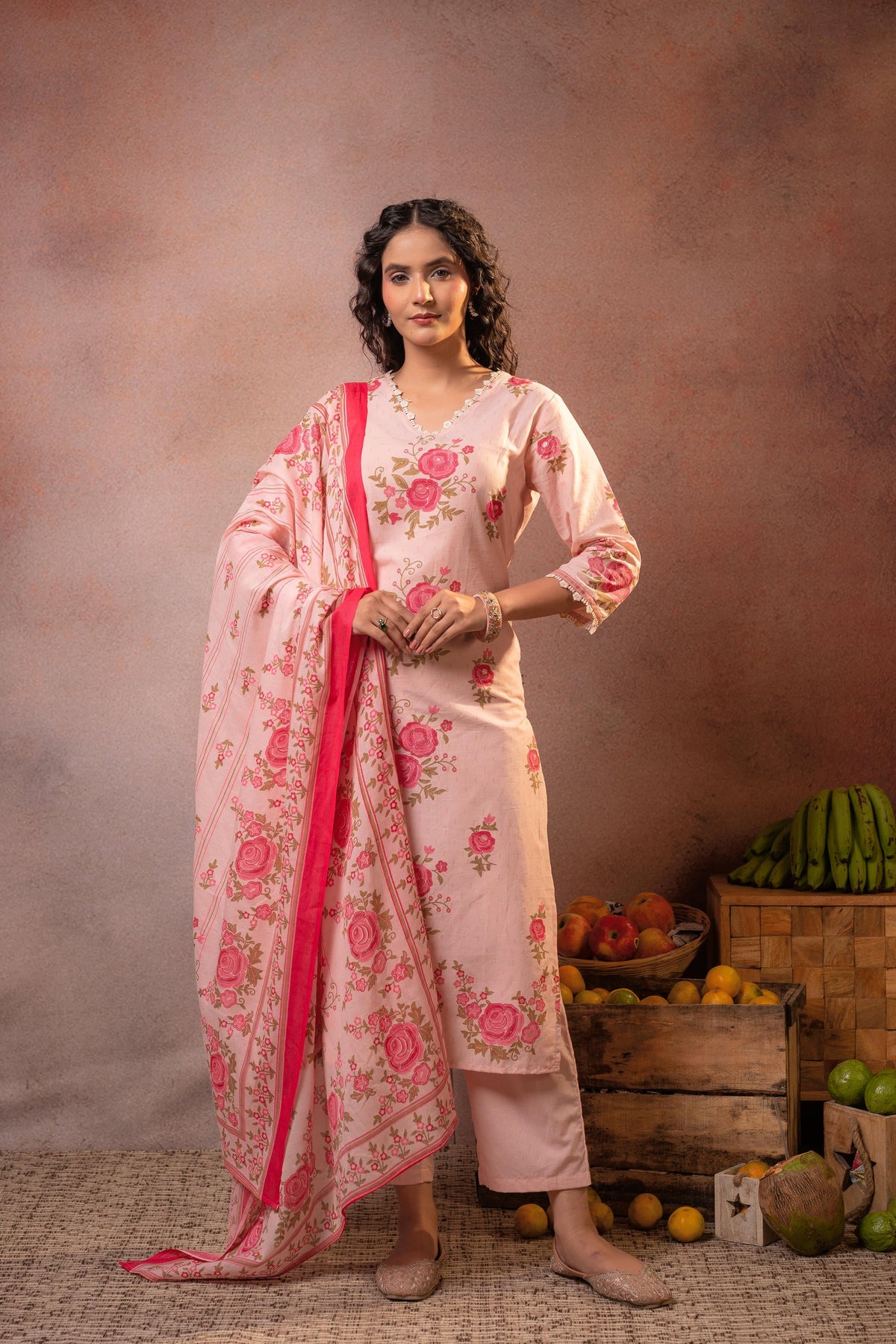 Gulbahaar Blush Floral Kurta Pant And Dupatta Set