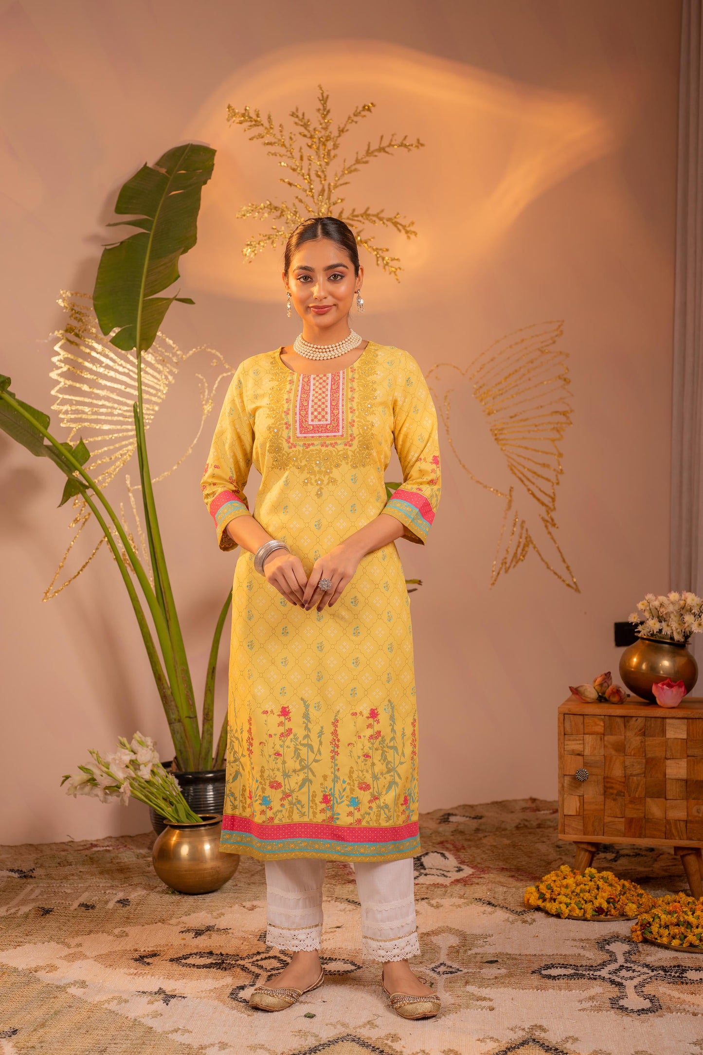 Yellow Floral Printed Viscose Kurta