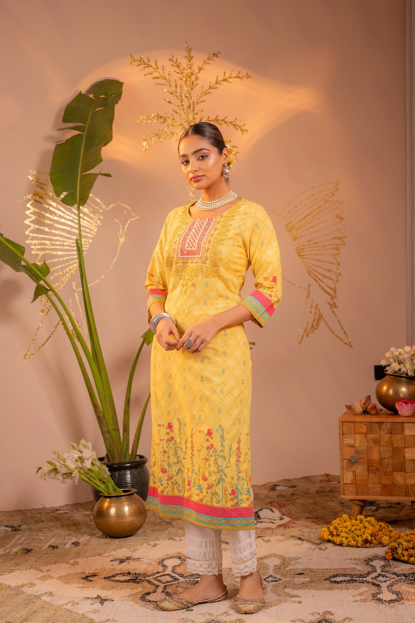 Yellow Floral Printed Viscose Kurta