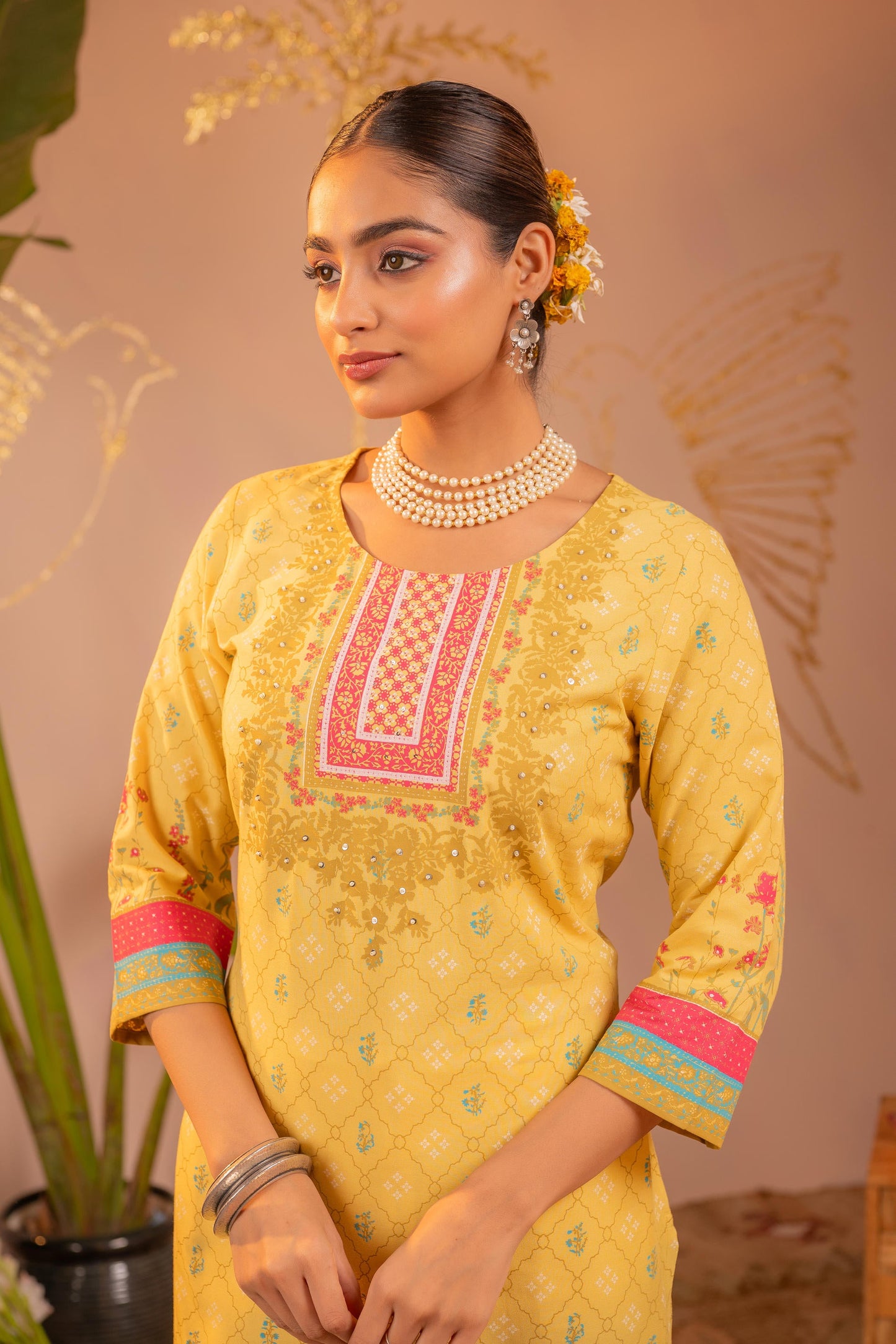 Yellow Floral Printed Viscose Kurta