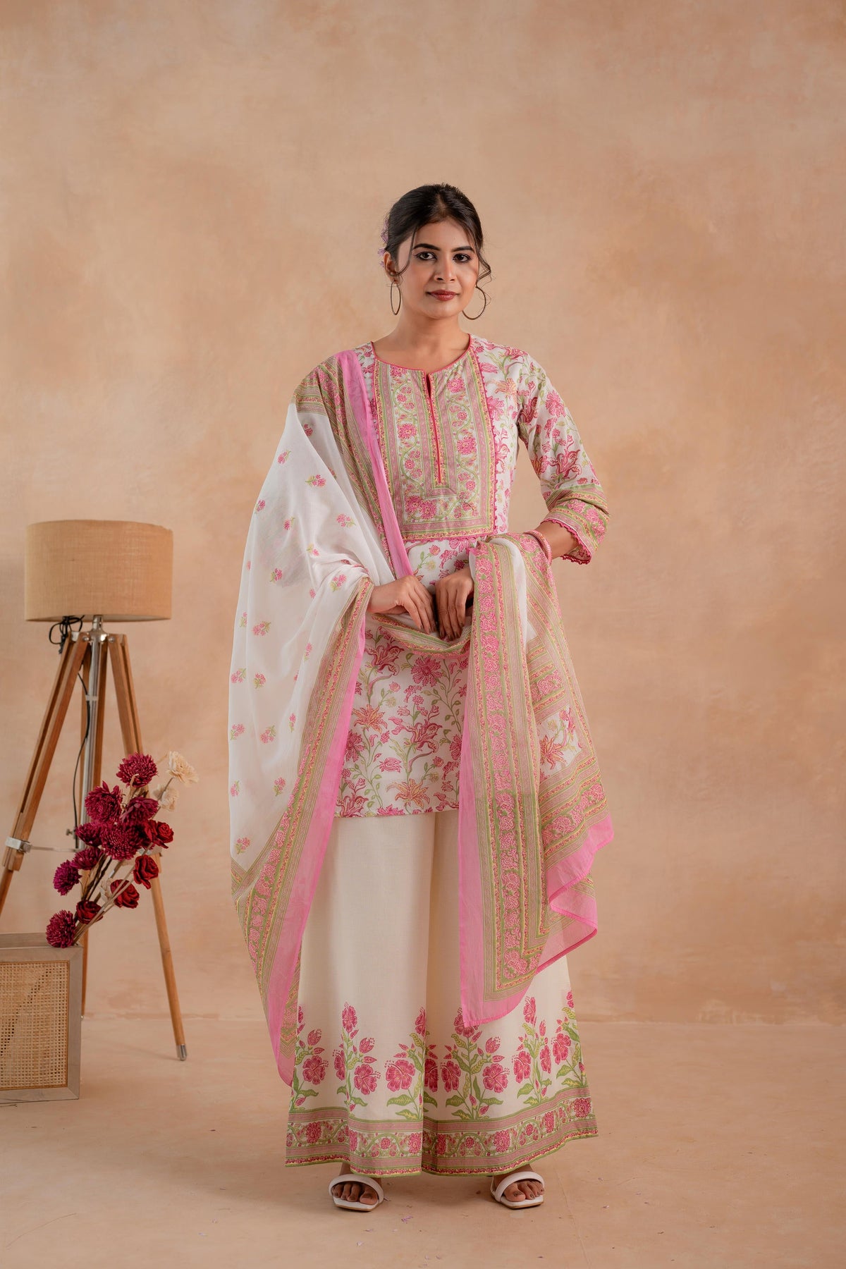 Gulbahaar Ivory Floral Printed Kurta Palazzo And Dupatta Set