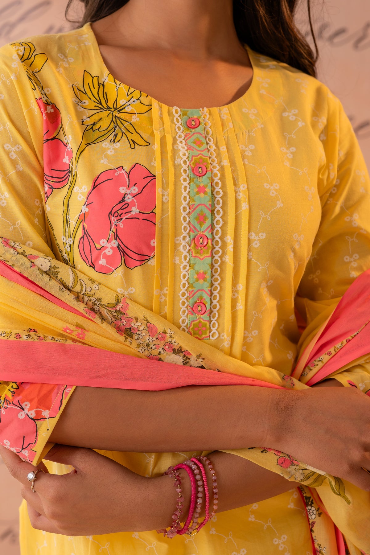 Yellow Floral Printed Kurta Pant And Dupatta Set