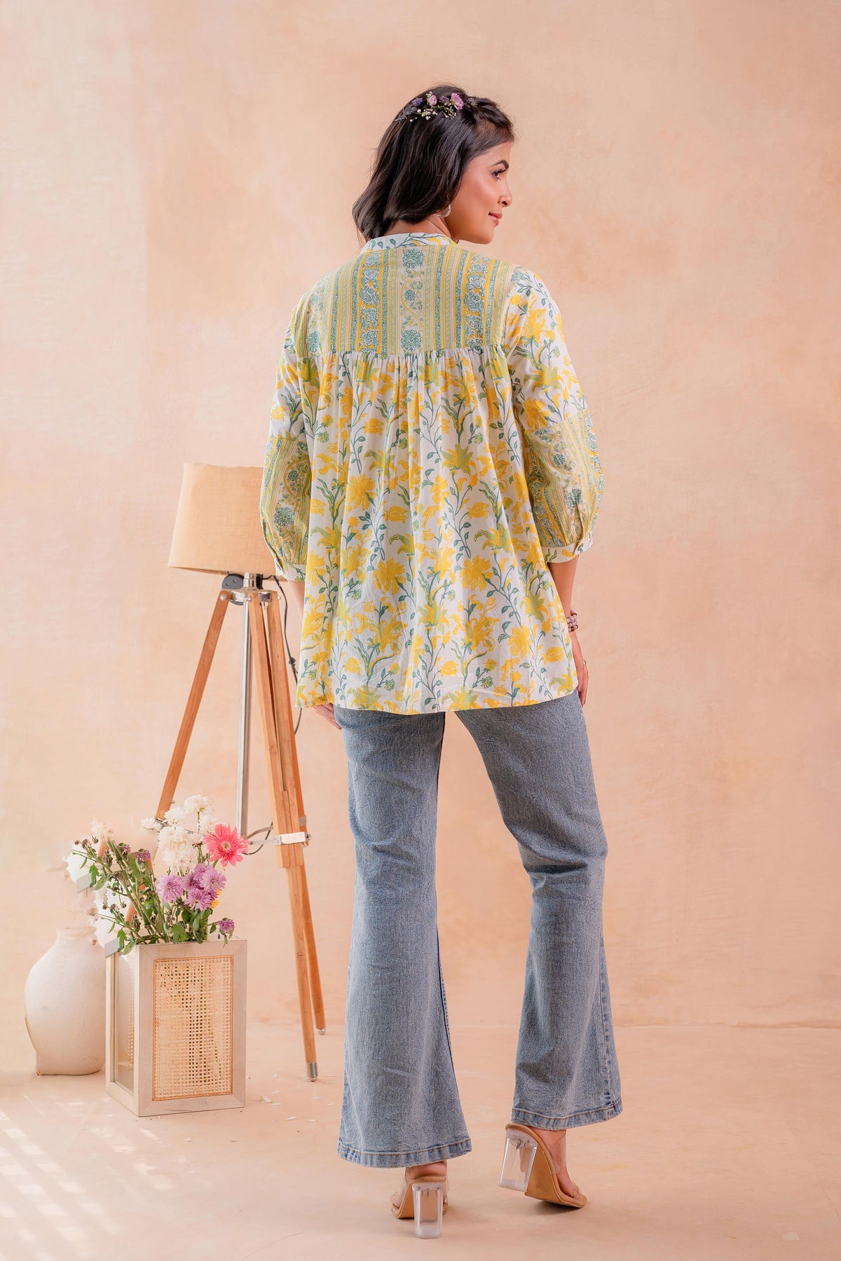 Green Floral Printed Gathered Ethnic Tunic