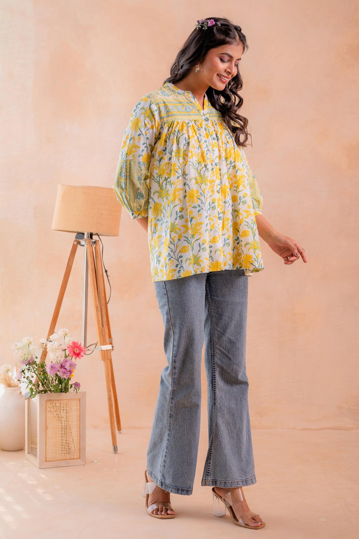 Green Floral Printed Gathered Ethnic Tunic