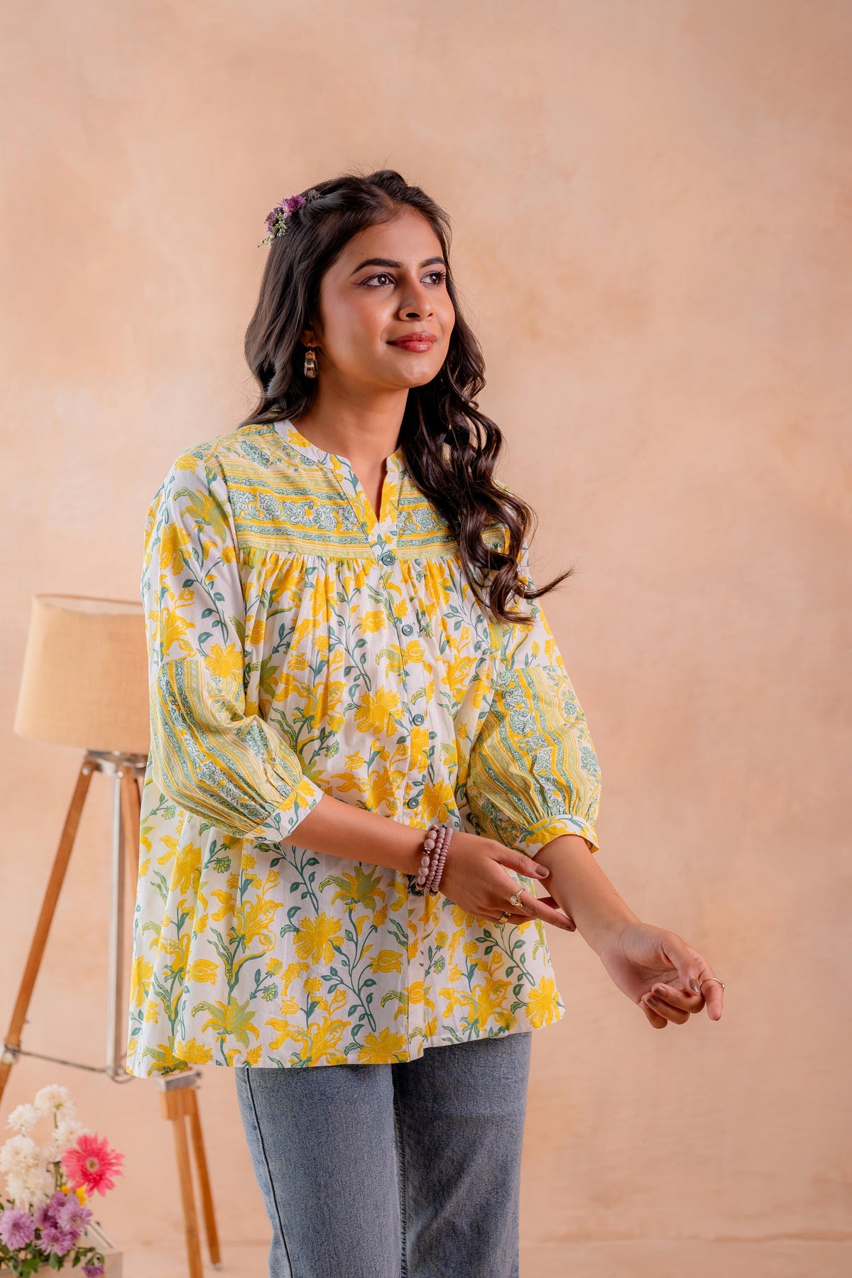 Green Floral Printed Gathered Ethnic Tunic