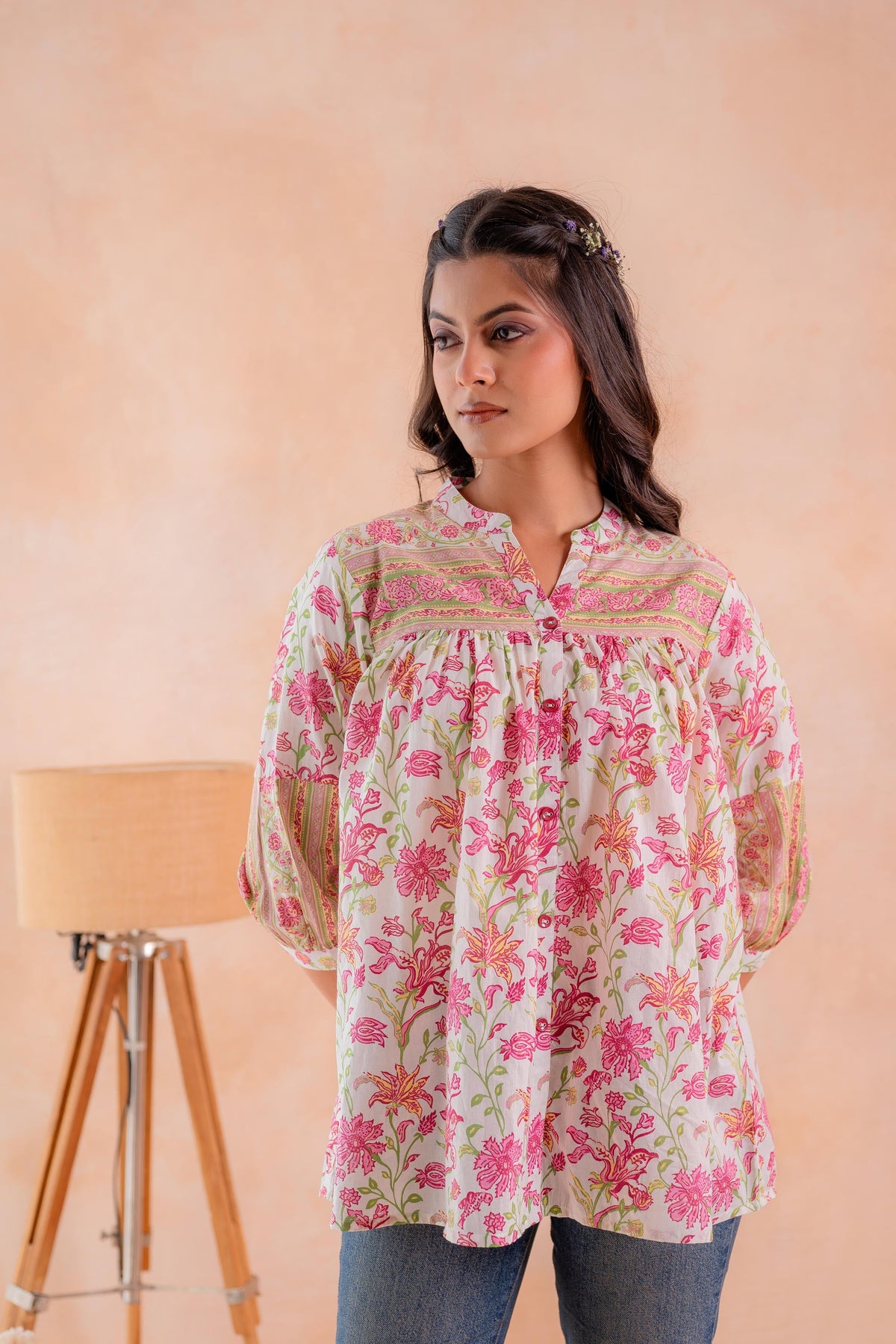 Pink Floral Printed Gathered Ethnic Tunic