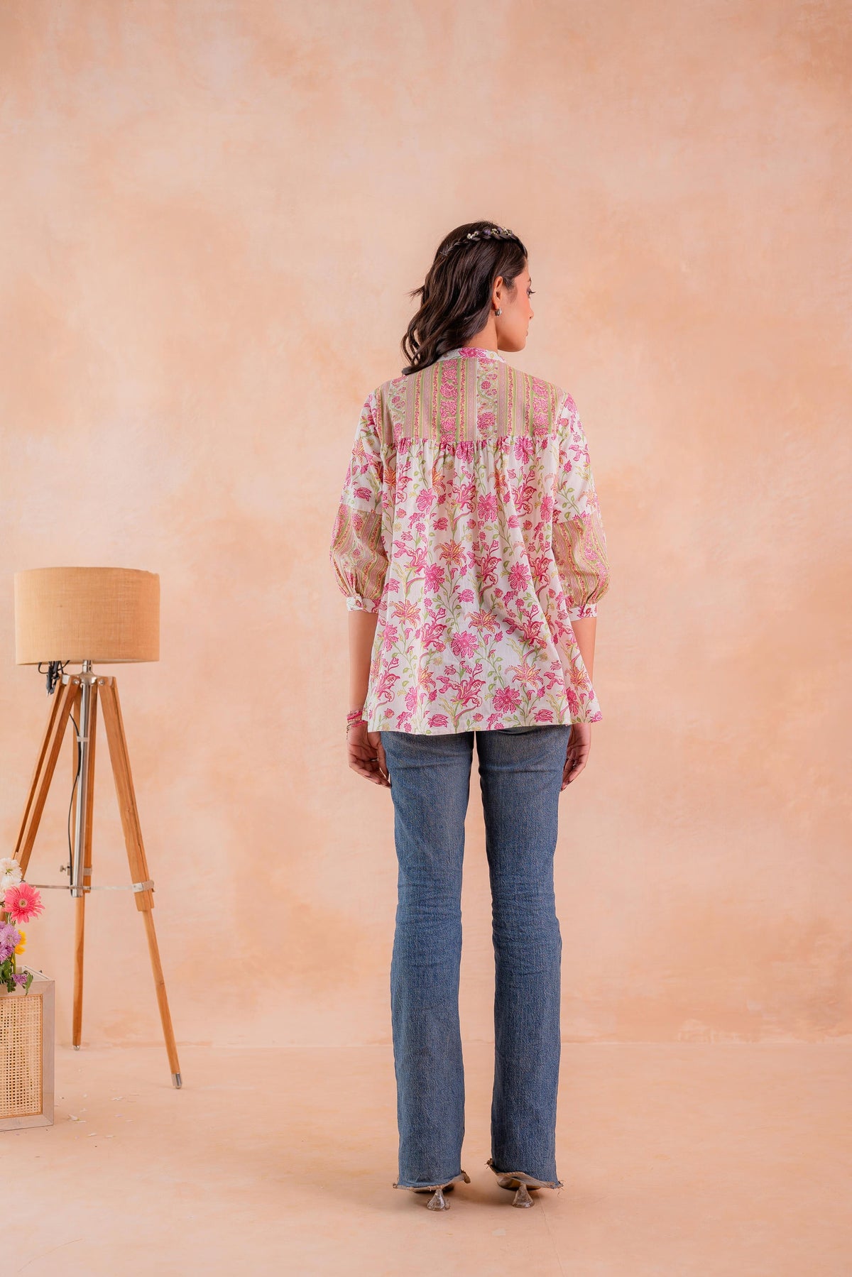 Pink Floral Printed Gathered Ethnic Tunic