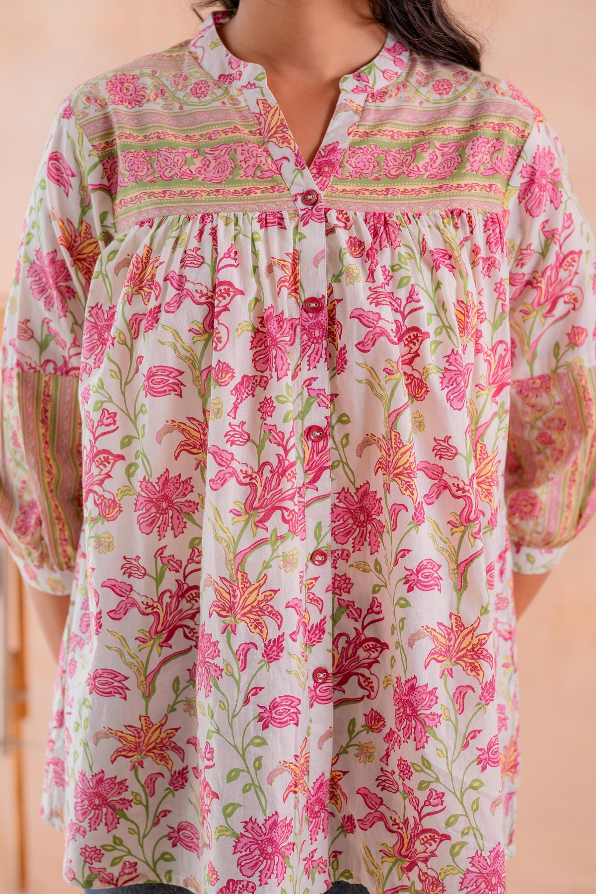 Pink Floral Printed Gathered Ethnic Tunic