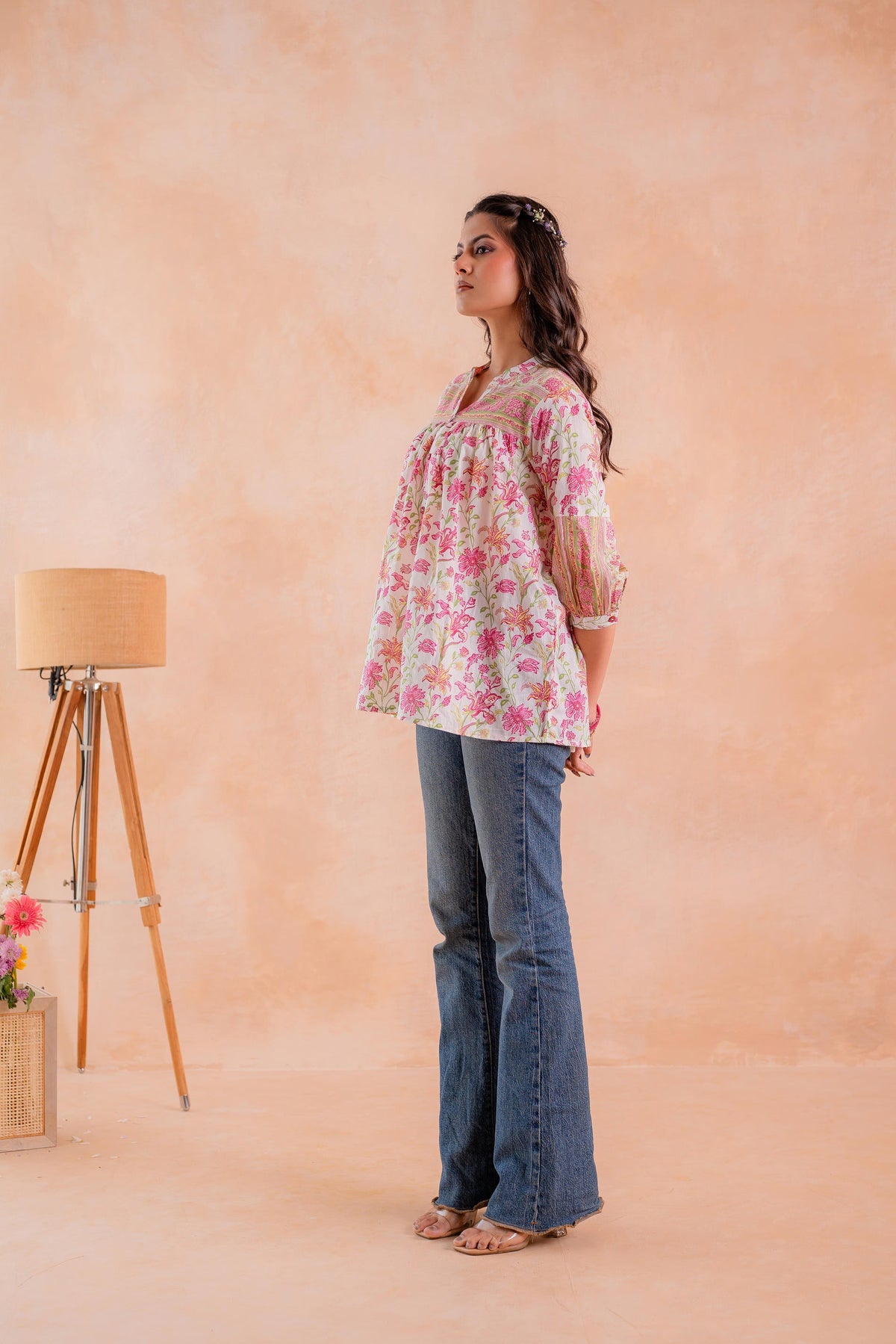 Pink Floral Printed Gathered Ethnic Tunic