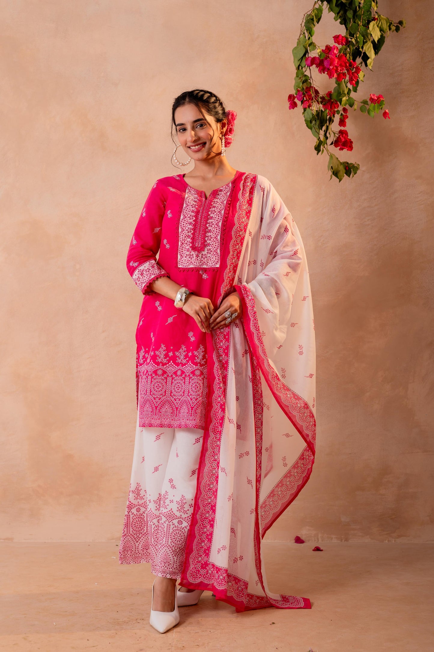 Ethereal Pink Kurta Ensemble with White Dupatta