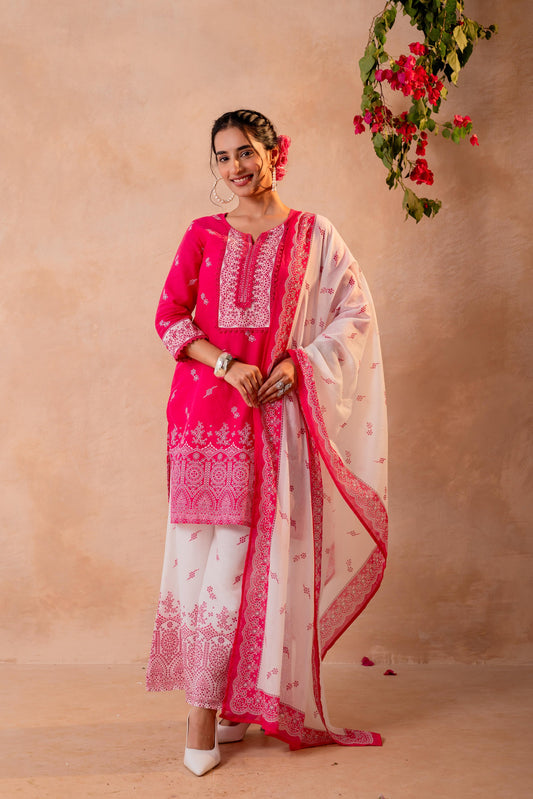 Ethereal Pink Kurta Ensemble with White Dupatta