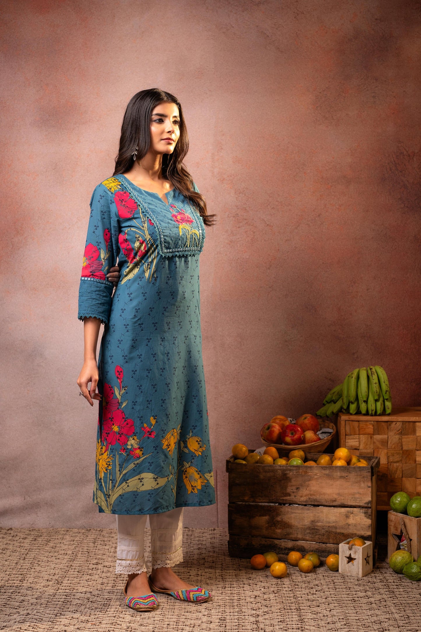 Gulbahaar Teal Floral Placement Kurta
