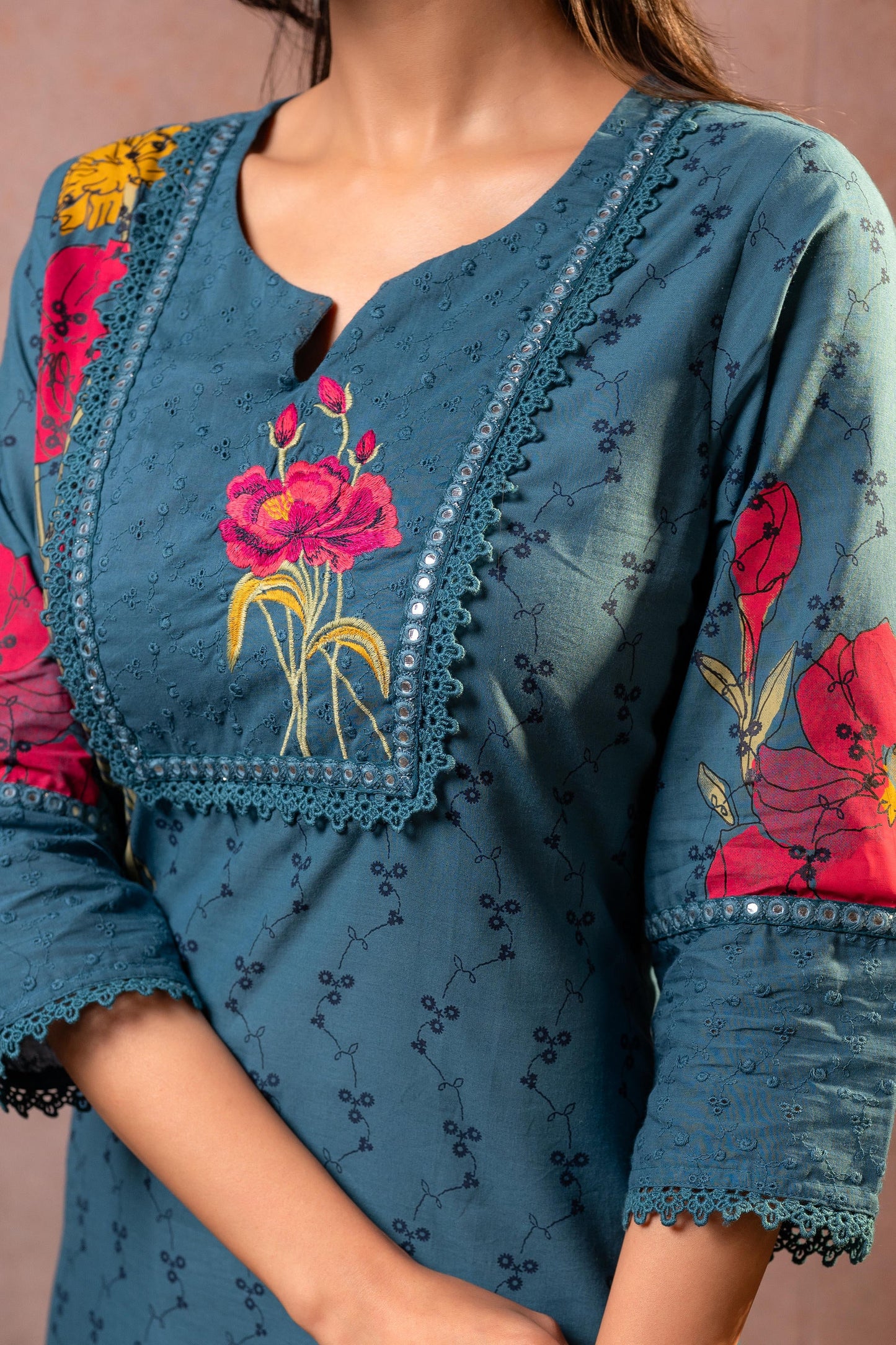 Gulbahaar Teal Floral Placement Kurta