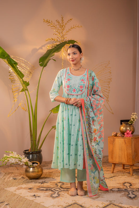 Mint Green Floral Printed Anarkali Kurta Pant Set with Dupatta