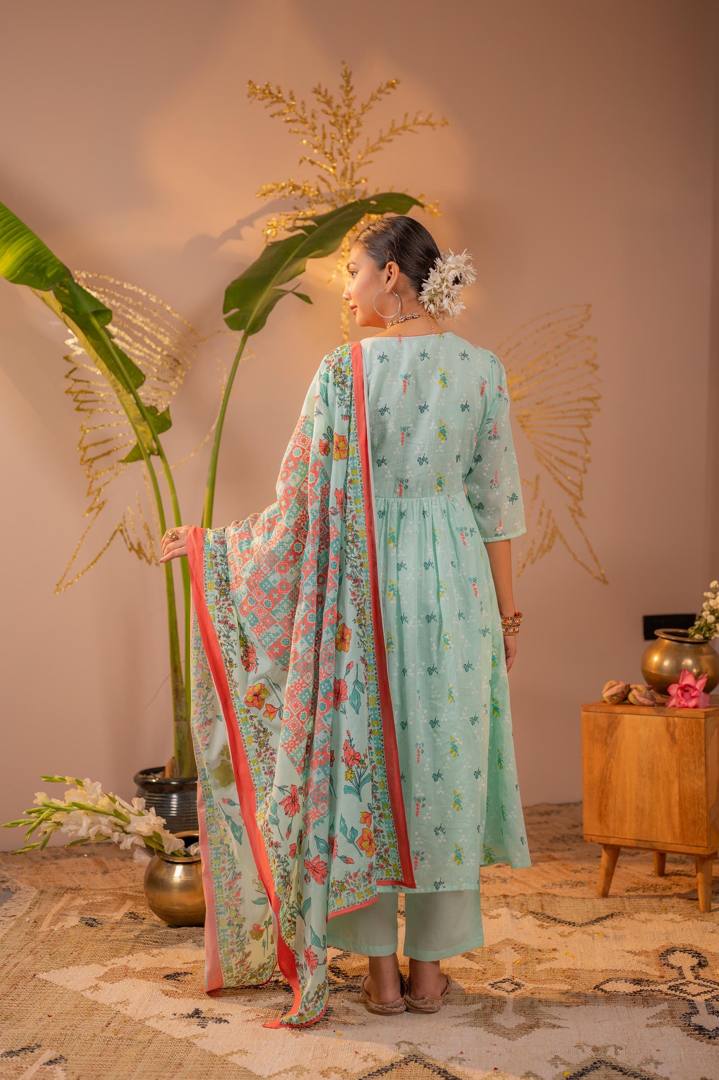 Mint Green Floral Printed Anarkali Kurta Set with Printed Dupatta