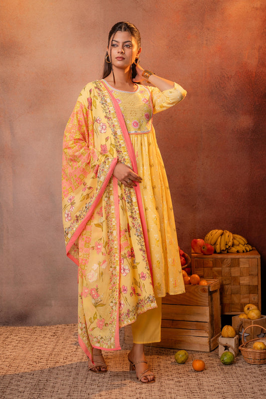 Yellow Floral Printed A-Line Anarkali Kurta Set with Dupatta