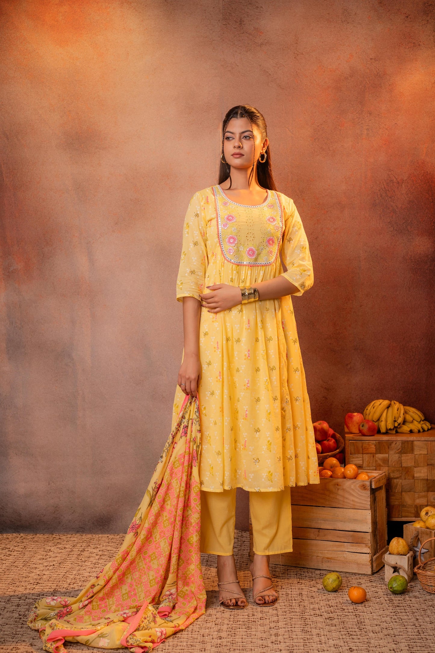 Yellow Floral Printed Anarkali Kurta Set with Printed Dupatta