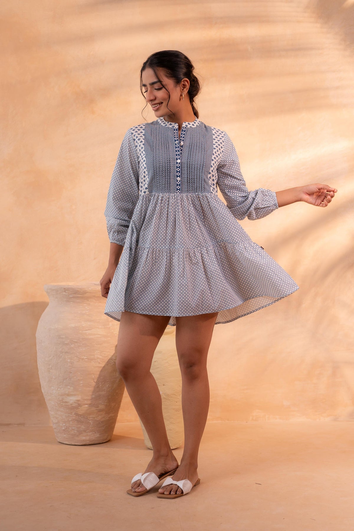 White & Blue Printed Flared tunic with Pintuck Yoke
