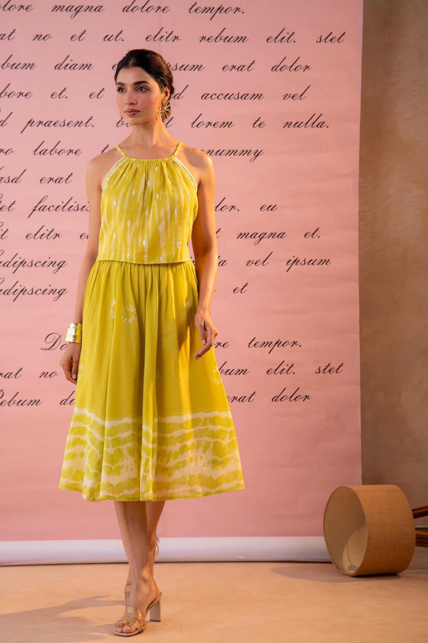 Lime Tie-Dye Printed Cotton Top & Skirt Set