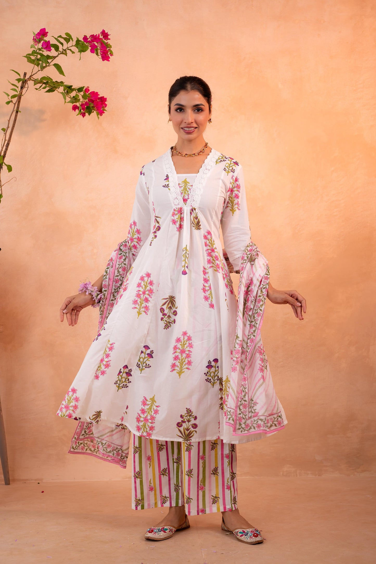 Elegant White Floral Kurta Set with Pink Dupatta