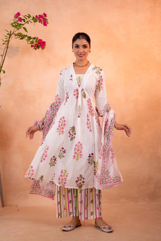 White Floral PrintedKurta Set with Pink Dupatta