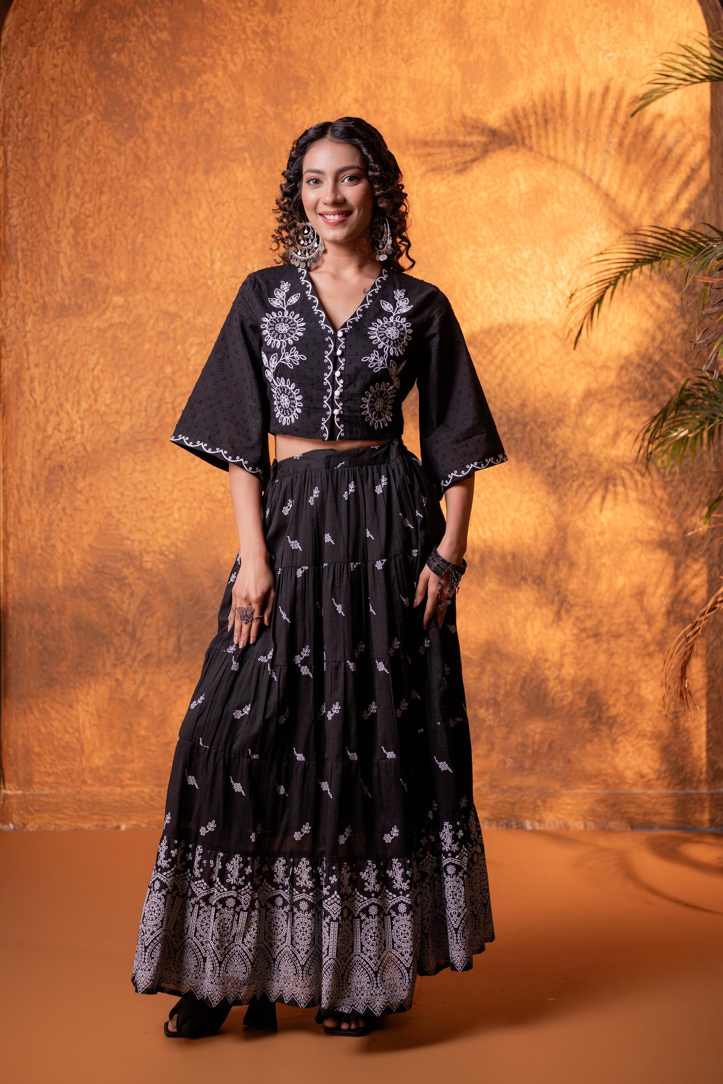 Black & White Embroidered Crop Top & Skirt Set