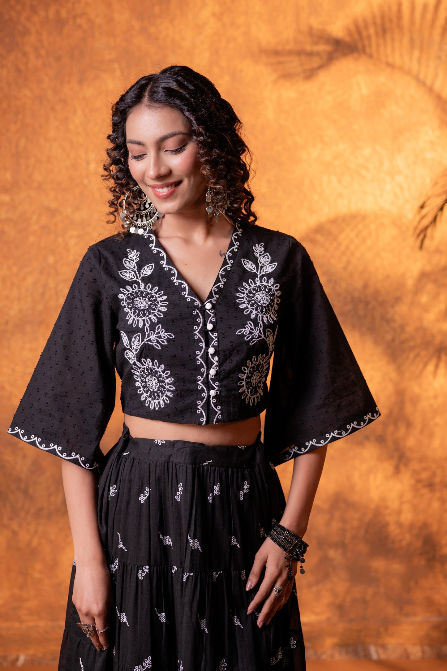 Black & White Embroidered Crop Top & Skirt Set
