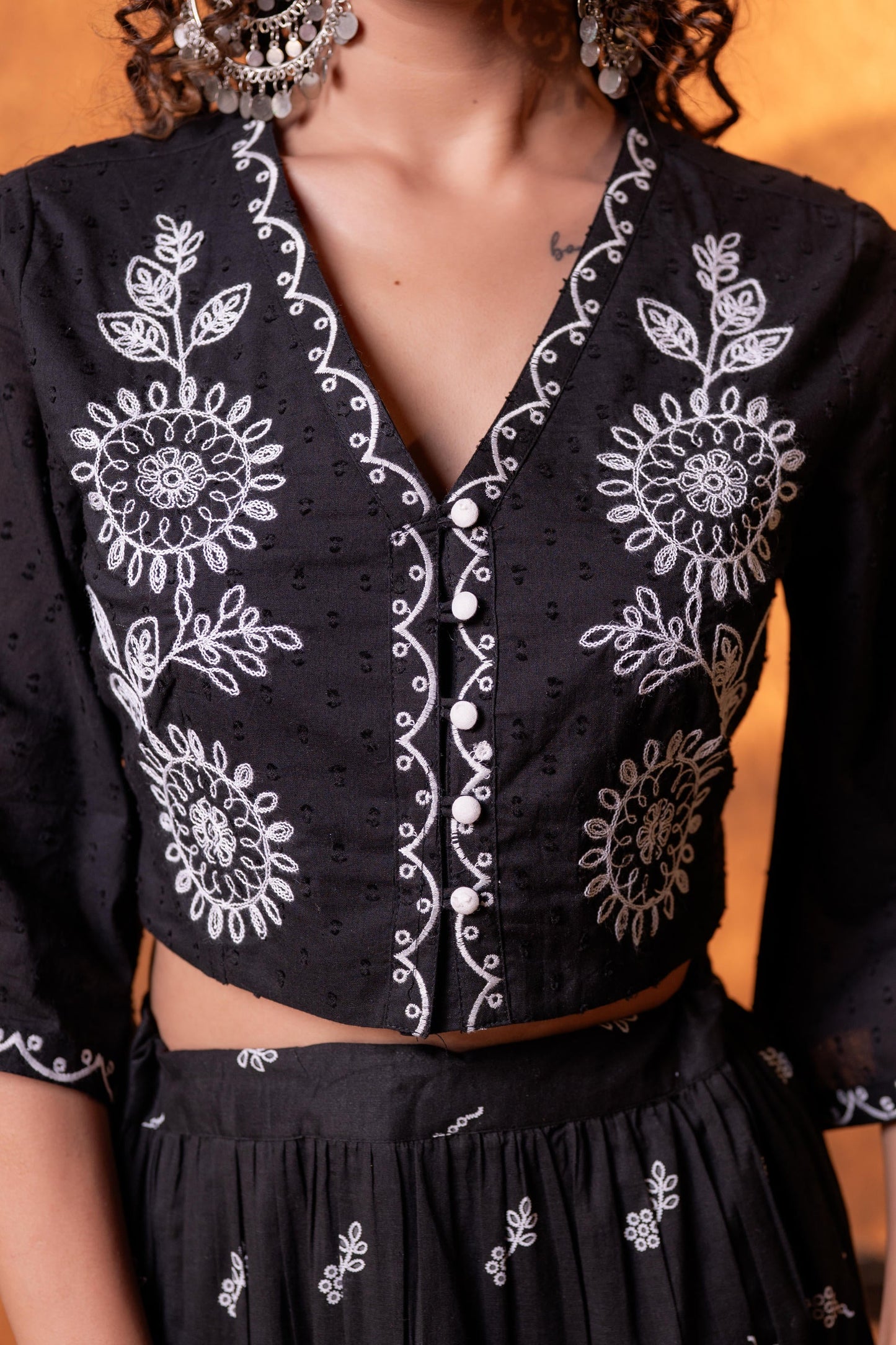 Black & White Embroidered Crop Top & Skirt Set