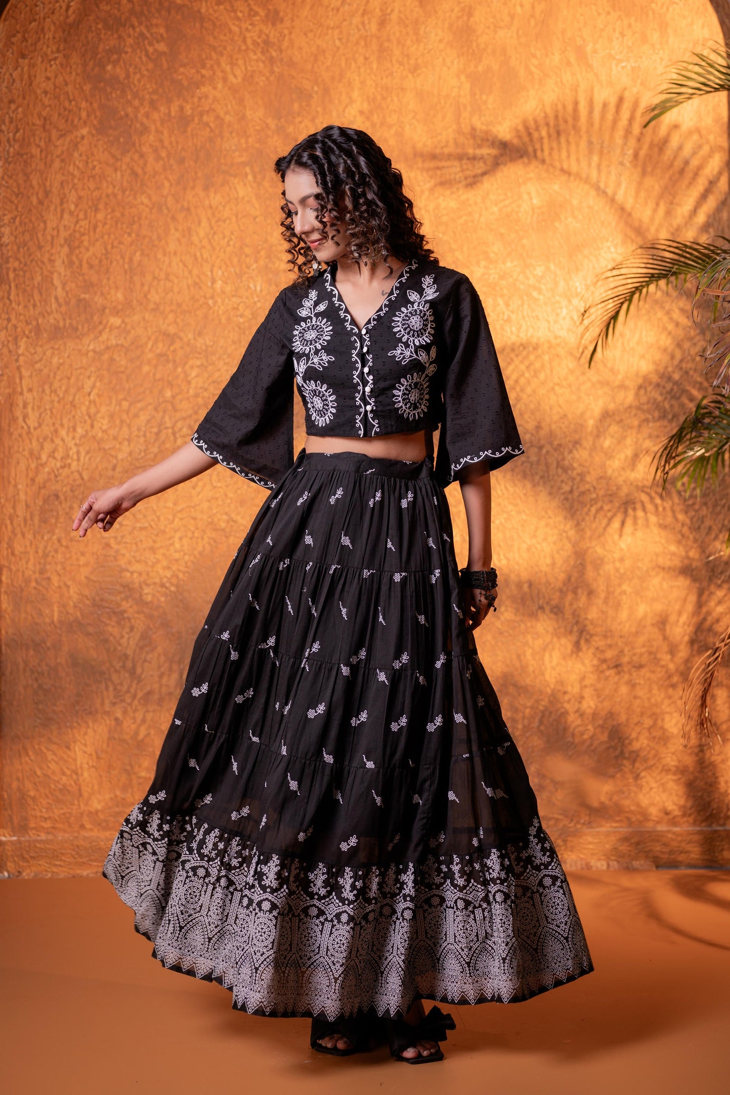 Black & White Embroidered Crop Top & Skirt Set