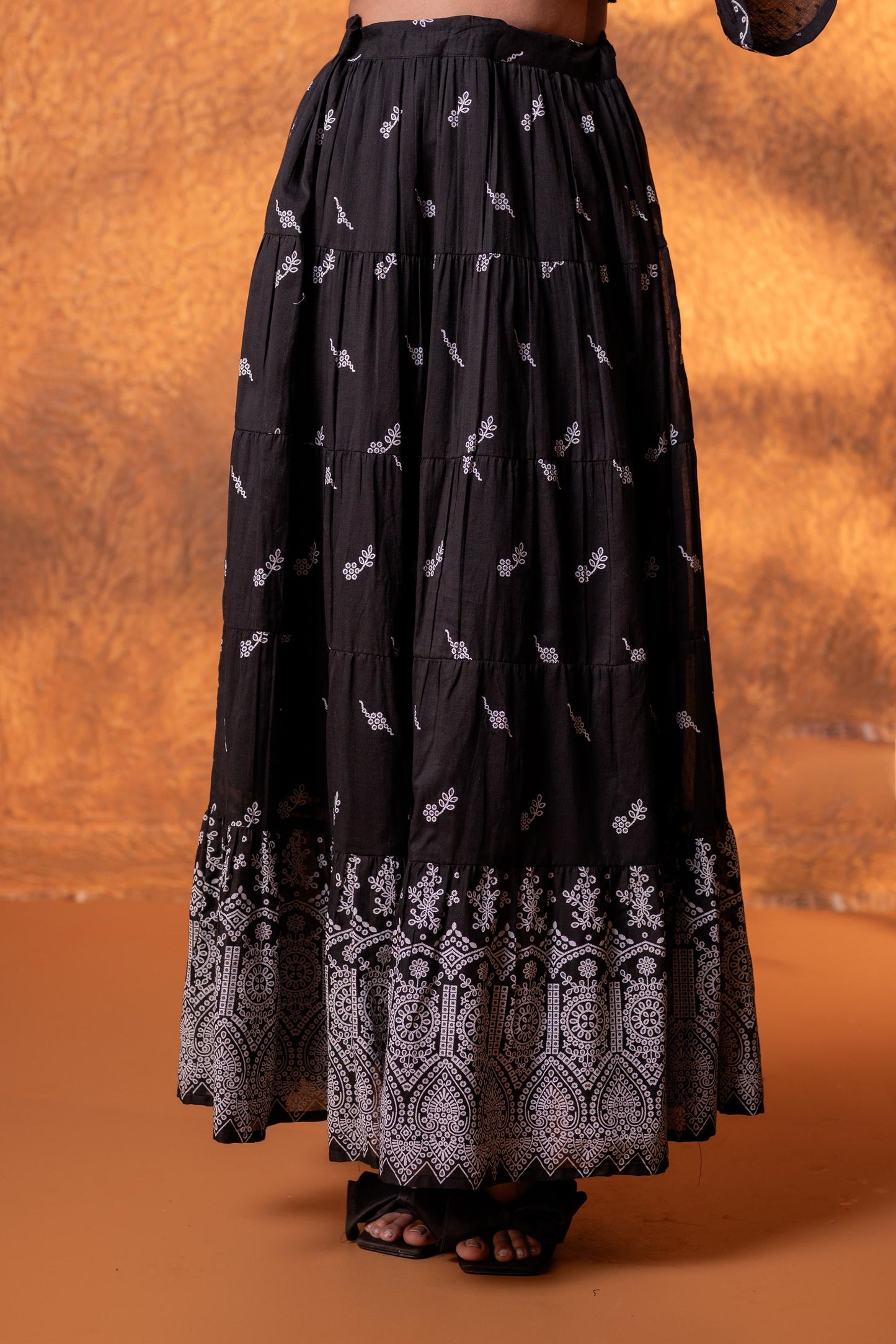 Black & White Embroidered Crop Top & Skirt Set