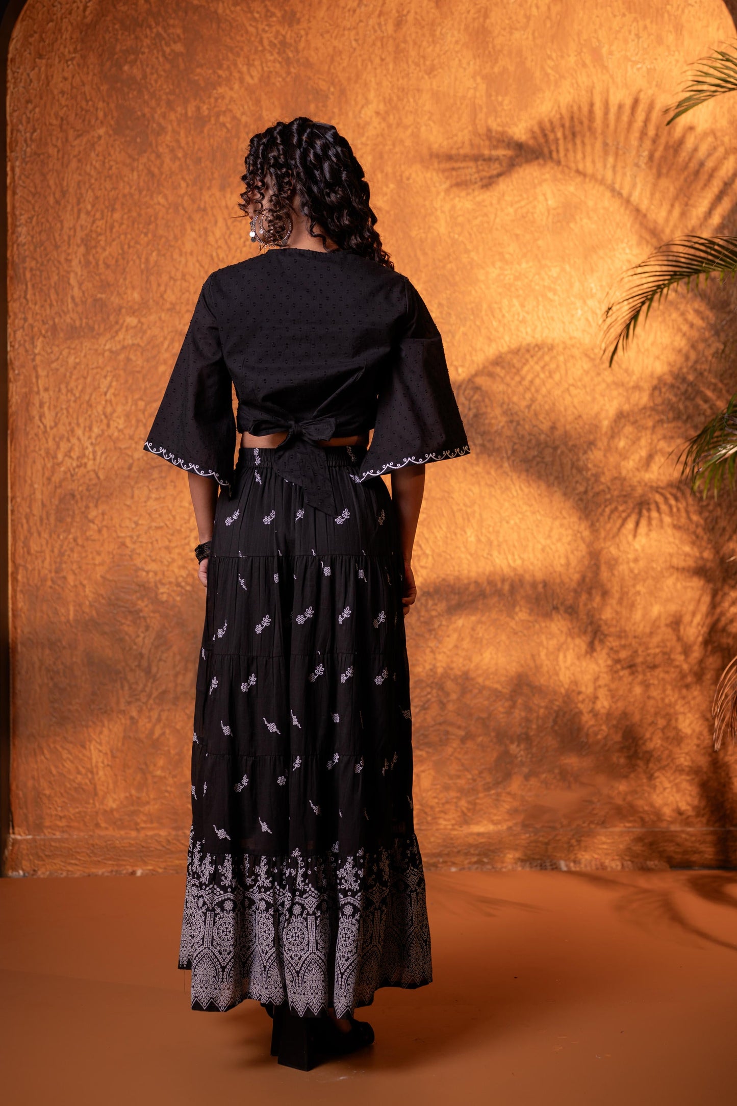 Black & White Embroidered Crop Top & Skirt Set